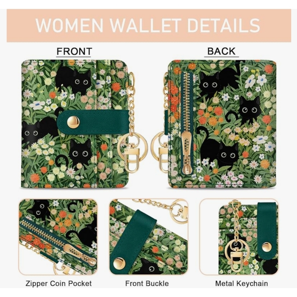 Black Cat Floral Rfid Women Wallet, Small Slim Thin Credit Card Wallet - Picture 5 of 5